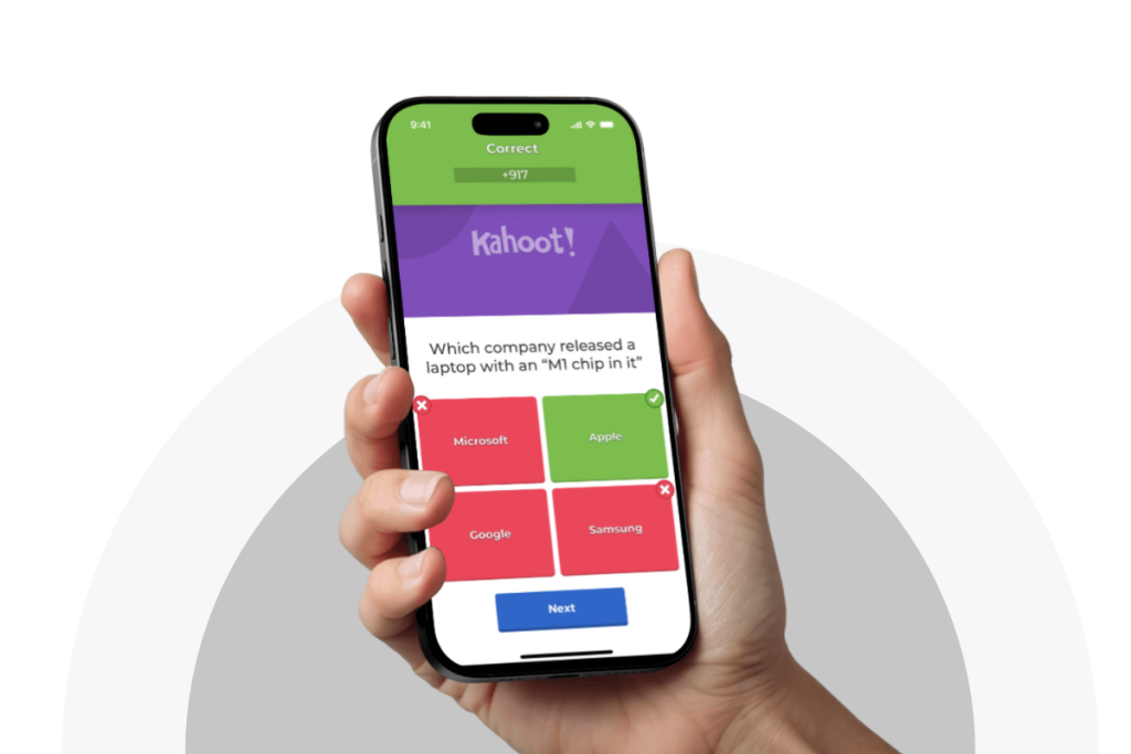 Kahoot user interface with right and wrong answer