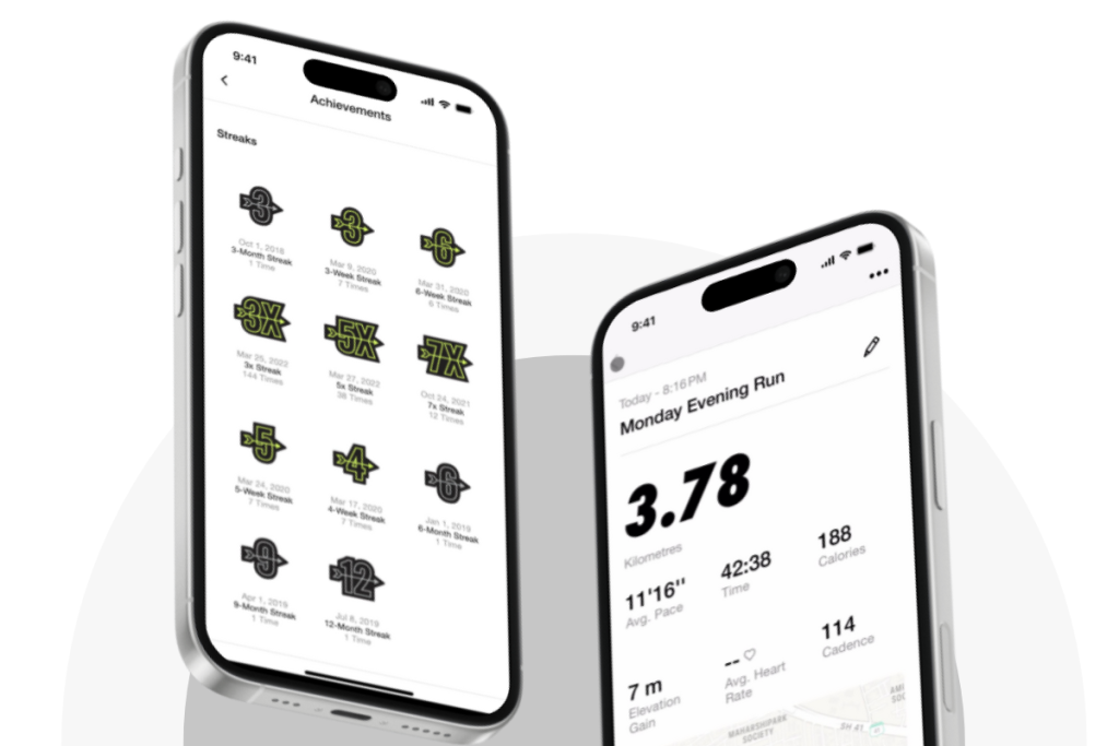 Two user interface of an running app with achievement system and counting screen