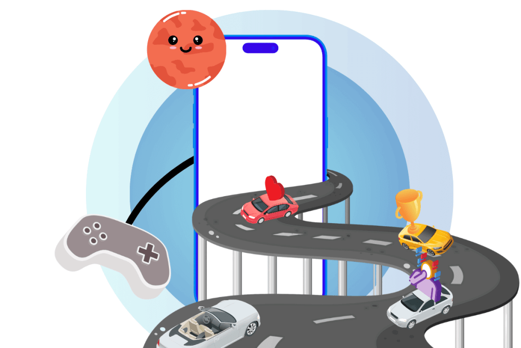 4 Powerful Ways Gamification is Revolutionizing Modern Marketing 4 An image of the car travelling from a phone screen with icon related to Gamification, planet and a D-Pad design