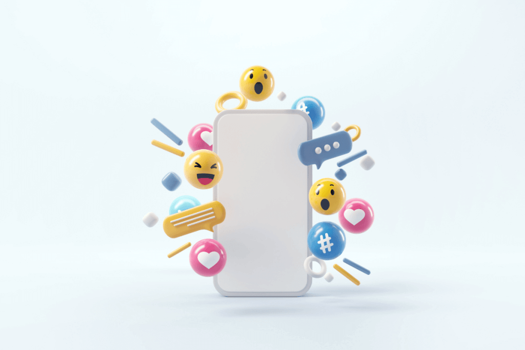 4 Powerful Ways Gamification is Revolutionizing Modern Marketing 10 Smartphone surrounded by colorful 3D emojis, chat bubbles, hashtags, and reaction icons, representing social media engagement.